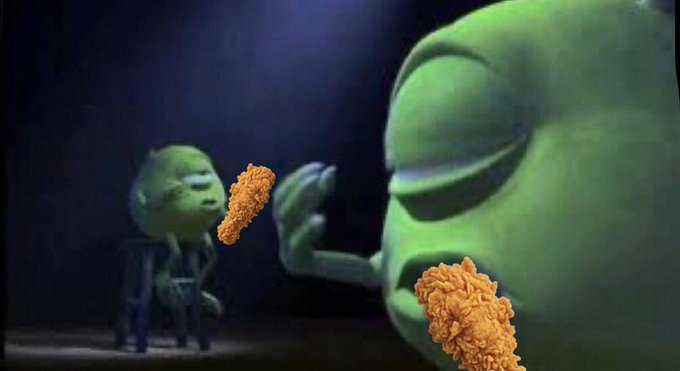Two green animated characters with fried chicken drumsticks floating in front of their mouths in a dark setting.