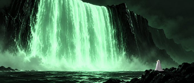 Depicts a figure in a flowing white cloak standing on a cliff overlooking a massive, glowing green waterfall.