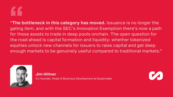 A red quote graphic from Jim Hiltner, Co-founder of Superstate, discussing how 'The bottleneck in this category has moved' with the SEC's Innovation Exemption, focusing on capital formation and liquidity.