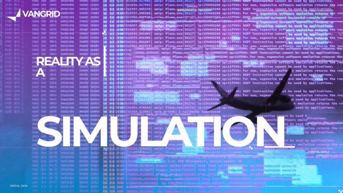 A purple-tinted graphic with a bird silhouette overlaid on what appears to be computer error code/text, featuring the text "VANGRIID" and "REALITY AS A SIMULATION" in large white letters.