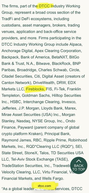 A text excerpt listing members of the DTCC Industry Working Group representing TradFi and DeFi ecosystems, highlighting firms including DTCC, Fireblocks, FIS, and many others like BlackRock, Goldman Sachs, and JPMorgan, with a 'BACK TO TOP' button.