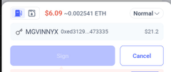 A digital wallet transaction screen showing a payment of $6.09 (≈0.002541 ETH) with the recipient address '0xeE3129...473335' and a 'Cancel' button.