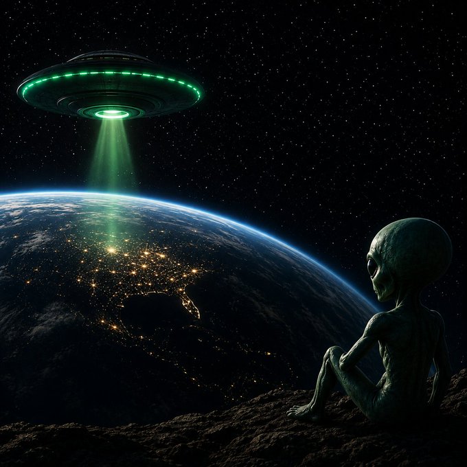 The image features a green alien sitting on a rock, looking up at an ufo ( unidentified flying object) that is emitting light from its back. The scene takes place against a backdrop of a planet with lights visible on its surface. The caption above the image reads "NIGHT TRANSMISSION While humanity sleeps... The signal continues to spread. More believers are finding the mission." This suggests that there might be an ongoing UFO sighting or an unidentified flying object (UFO) event happening in the area, capturing the attention of those who believe in such occurrences.