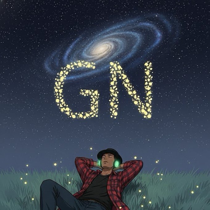 An illustration of a person lying in grass at night with glowing green headphones, looking up at a starry sky featuring a galaxy and the word 'GN' written in glowing dots.