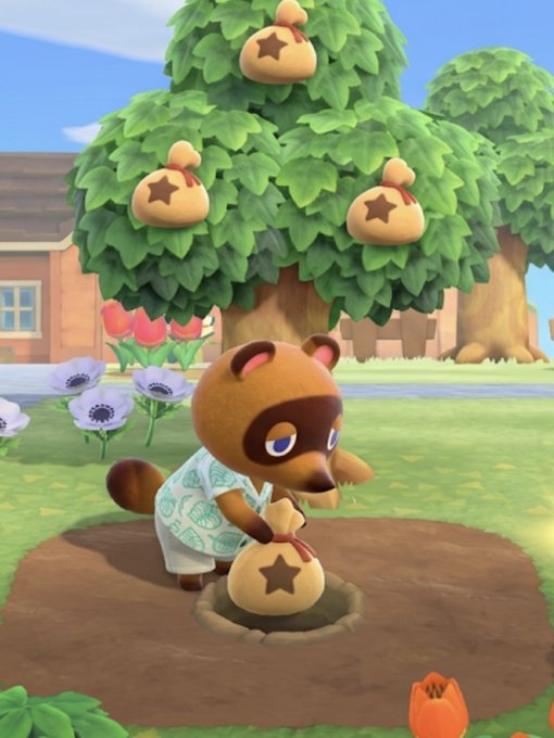 A screenshot from Animal Crossing featuring a raccoon character digging up a buried bag of bells near a tree adorned with money bags.