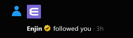 The image shows a notification from "Enjin ✓ followed you · 3h" with the Enjin logo (a purple square with a white "E") and a blue user icon, indicating a new follower alert that aligns with the post's excitement about collaborating with @enjin.