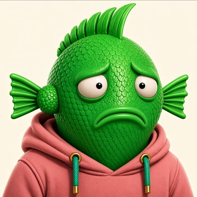 A green cartoon fish character with a sad, droopy expression wears a pink hoodie with teal drawstrings. The melancholic fish mascot fits the subdued tone of winning a "Fish Frens" NFT giveaway during the Twitter Space.