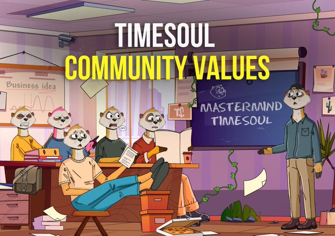 The image is a colorful cartoon illustration showing a group of meerkat characters gathered in an office-like setting around a chalkboard that reads "MASTERMIND TIMESOUL," with a standing meerkat presenting to the seated group. The bold text "TIMESOUL COMMUNITY VALUES" is prominently displayed at the top, reinforcing the post's theme of intentional, value-driven engagement rather than passive scrolling. The post's message about the @timesoulcom platform promoting mindful time use through AI guidance and learning experiences aligns with the image's depiction of a collaborative, educational mastermind session among its community members.