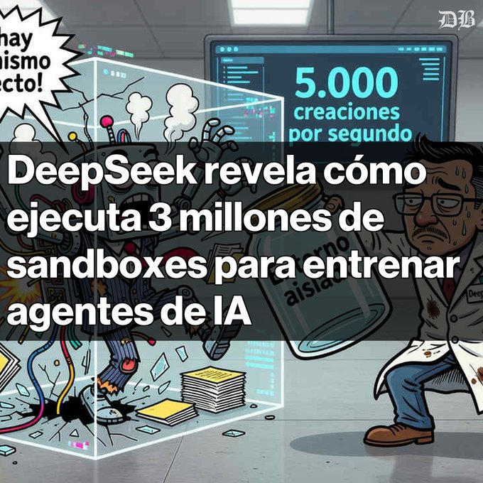Cartoon illustration of a robot in a lab and a sweating scientist, with Spanish text 'DeepSeek revela cómo ejecuta 3 millones de sandboxes para entrenar agentes de IA' and '5.000 creaciones por segundo'.