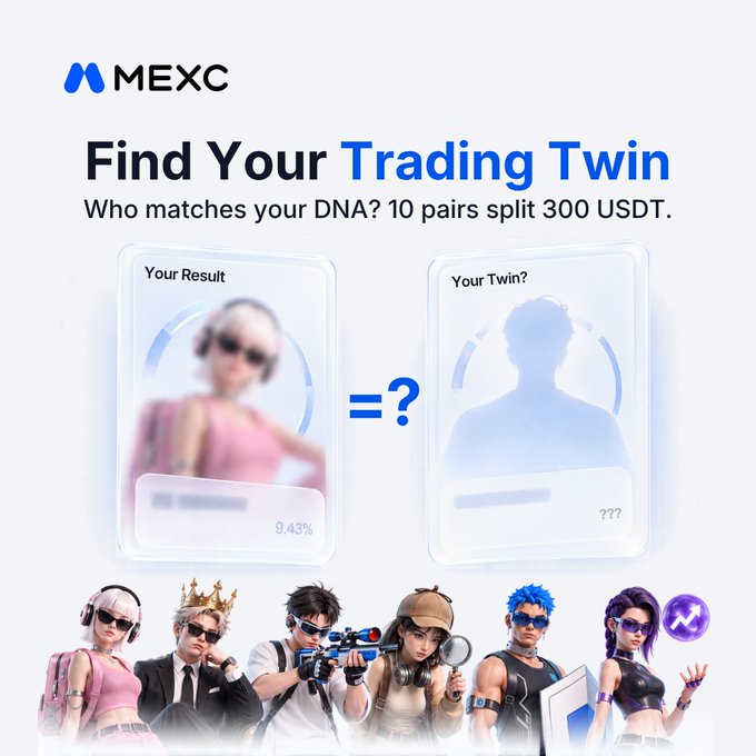 A MEXC cryptocurrency exchange promotional graphic titled 'Find Your Trading Twin' asking 'Who matches your DNA? 10 pairs split 300 USDT,' featuring anime-style characters at the bottom.