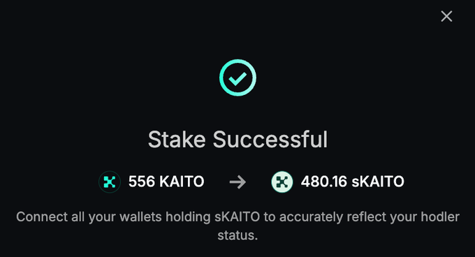 A "Stake Successful" confirmation screen showing 556 KAITO converted to 480.16 sKAITO, with a reminder to connect all sKAITO-holding wallets for accurate holder status. The image illustrates the user's ongoing staked $KAITO accumulation strategy, supporting their goal of reaching at least 5k staked to qualify for airdrop drops.