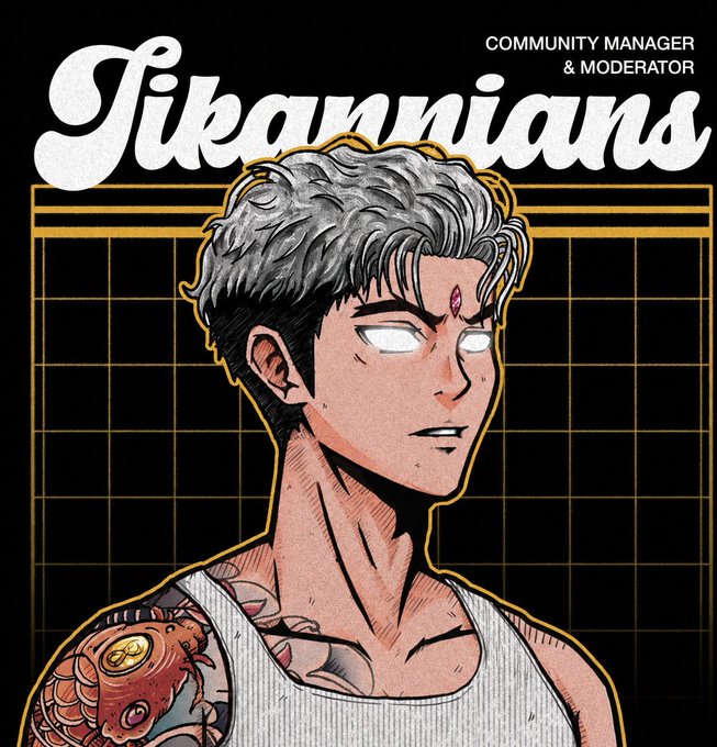 Anime-style illustrated graphic titled 'Tikannians' labeled as 'COMMUNITY MANAGER & MODERATOR', depicting a serious-looking male character with gray hair, glowing white eyes, a third eye mark on his forehead, and a red koi fish tattoo on his shoulder against a black grid background.