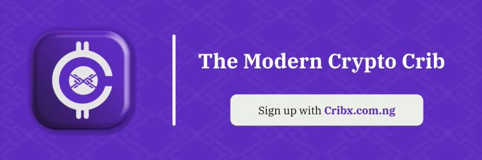 A purple promotional banner for 'The Modern Crypto Crib' featuring a Cribx logo and text reading 'Sign up with Cribx.com.ng'.