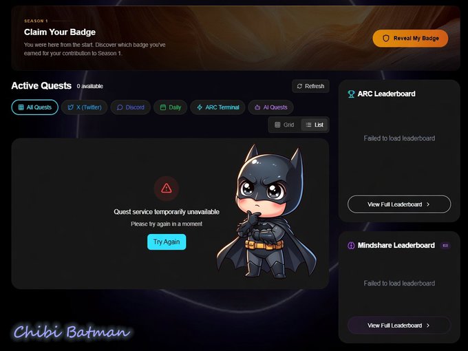 A screenshot of a digital dashboard with a chibi Batman character, displaying a 'Quest service temporarily unavailable' message, an 'Active Quests' section, and a 'Claim Your Badge' banner for Season 1.