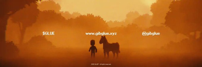 A silhouette of a person and a horse stand together in a misty, orange-hued landscape, overlaid with the text "$GLUE," "www.gibglue.xyz," and "@gibglue." The warm, atmospheric scene appears as a banner image for the $GLUE project on Moby, evoking a sense of companionship and adventure that aligns with the community-driven branding.