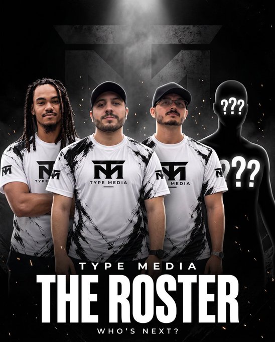 A promotional graphic for 'TYPE MEDIA' featuring three men in matching black and white t-shirts alongside a mysterious silhouette marked with '???' question marks, with the tagline 'THE ROSTER WHO'S NEXT?'