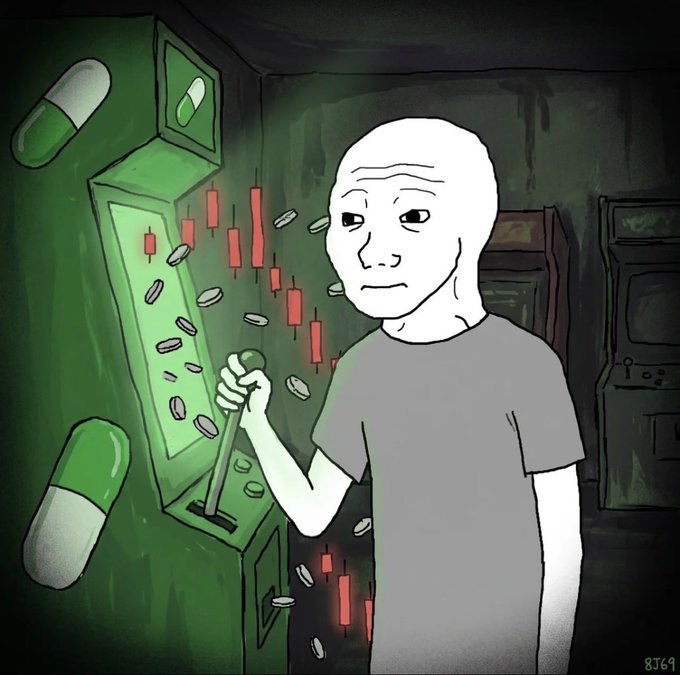 An illustration of a pale, expressionless 'wojak' character in a gray t-shirt playing an arcade machine, surrounded by floating green pills and red candlestick charts, with '8J69' signed in the corner.