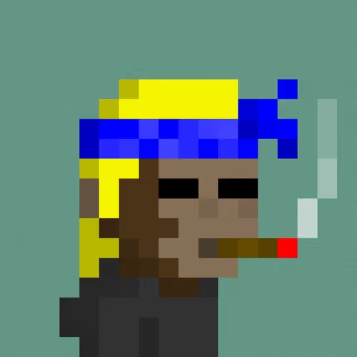 A pixel art depiction of a character with dark skin, yellow and blue headwear, smoking a cigar against a teal background, in a blocky retro video game style.
