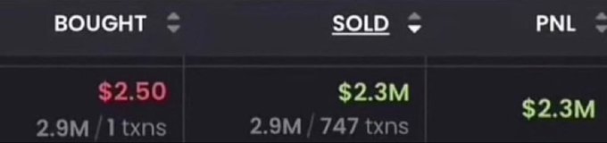 A trading results panel shows a highly profitable trade where 2.9 million tokens were purchased at $2.50 across 1 transaction, then sold at $2.3 million across 747 transactions, generating a $2.3 million profit (PNL). The trade results illustrate the post's claim of a trader turning a small investment into millions, showcasing the classic "trenches" success story.