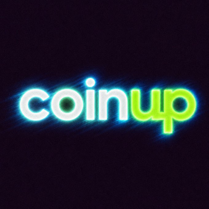 The word 'coinup' displayed in a glowing neon-style font, with 'coin' in white and 'up' in green against a dark background.
