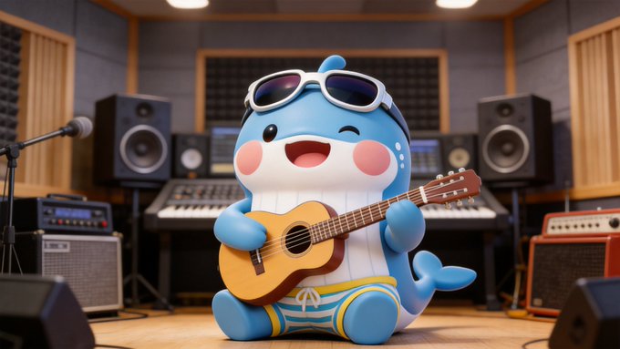 The image features a small blue toy shark figurine sitting on a wooden floor, holding an ukulele. The toy shark has sunglasses on its head and is wearing swim trunks. In front of the toy shark, there are several speakers, including a pair of black speakers and a red speaker. A caption below the image reads "代币化股票的上链叙事", which suggests that this figurine might be related to a business or product named "BNB Chain".