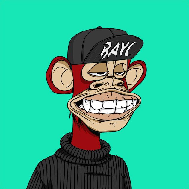 A red Bored Ape Yacht Club NFT character wearing a black "BAYC" cap smirks smugly against a teal background. The smug, knowing grin perfectly captures the "LFGGG" (looking for good game/giggle) vibe of someone watching a trade or situation unfold.