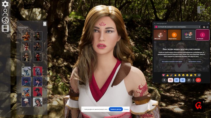 A character creation screen from the gkoi0x app displays a brown-haired female character with a pink forehead marking and ornate tattoos, alongside a UI panel offering emoticon reactions and a grid of character thumbnails for selection. The interface, featuring Russian-language text and options like "Создать своего" (Create your own), showcases the customizable avatars referenced in the post.