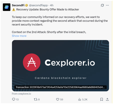 SecondFi Twitter/X post providing a recovery update about a bounty offer made to an attacker regarding the second attack during a recent security incident, featuring Cexplorer.io Cardano blockchain explorer.
