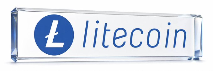The image shows a glossy acrylic block displaying the Litecoin logo—an "Ł" symbol inside a blue circle—alongside the word "litecoin" in blue text, visually reinforcing the post's defense of Litecoin ($LTC) as a steadfast, time-tested blockchain that maintains its core utility for fast, low-cost value transfer rather than chasing trends.