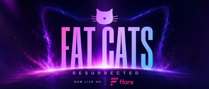 A vibrant neon-style promotional graphic for "Fat Cats Resurrected," featuring a stylized cat logo with the text "Now Live on Flare," directly tying into the Flare Network migration statistics shared in the post. The cosmic purple and pink design visually reinforces the "resurrected" theme while promoting the digitaldynamix.co.uk migration bridge.