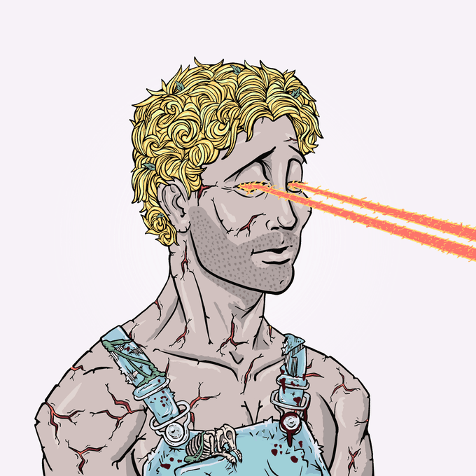 A comic-style illustration of a blonde, cracked, stone-like figure shooting bright orange laser beams from his eyes.