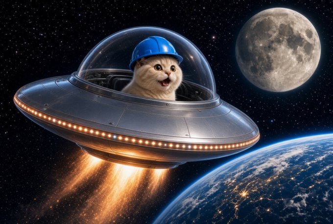 A fluffy cat wearing a blue hardhat pilots a glowing UFO through space, with the moon and Earth visible in the background. The image playfully illustrates the viral "$BASECAT" meme from the Base App, where a cat-themed token was officially verified to its 13 million users—framed as a bold, absurd move signaling the meme coin's legitimacy.