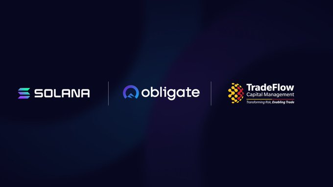 The image displays a partnership banner featuring three logos: Solana, Obligate, and TradeFlow Capital Management (with the tagline "Transforming Risk, Enabling Trade"). The post announces that TradeFlow's tokenized trade finance asset (oTFY) is now live on Solana, with $200M in trade-finance RWAs integrated as composable high-grade collateral within Solana's DeFi lending markets.