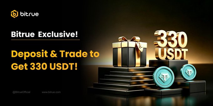 A Bitrue promotional banner advertising 'Deposit & Trade to Get 330 USDT!' featuring a gold gift box and USDT coins.