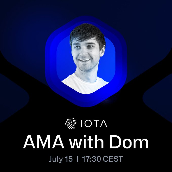 An IOTA promotional graphic announcing 'AMA with Dom' on July 15 at 17:30 CEST, featuring a photo of a young man in a blue hexagonal frame.