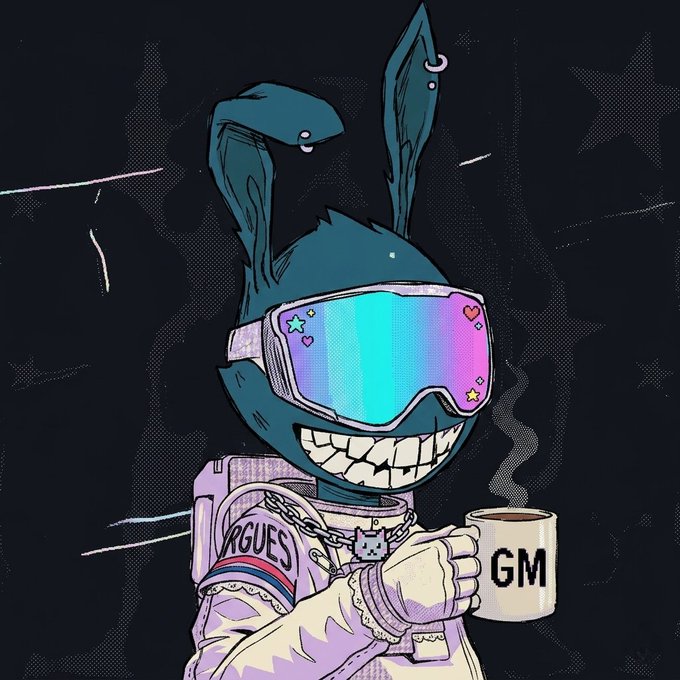 A stylized cartoon illustration of a grinning rabbit-like character wearing colorful iridescent ski goggles and a jacket with 'ARGUES' text, holding a mug labeled 'GM'.