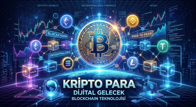 A futuristic digital graphic centered on a glowing Bitcoin coin, surrounded by interconnected blockchain networks, cryptocurrency logos, and candlestick charts, with Turkish text reading "KRİPTO PARA / DİJİTAL GELECEK / BLOCKCHAİN TEKNOLOJİSİ" and English labels like "BLOCKCHAIN," "DECENTRALIZED," "PEER-TO-PEER," "DECENTRALIZED FINANCE," and "WEB3," symbolizing the broader crypto ecosystem where projects like Vertex, Zeta, and Drift operate as perpetual futures platforms.