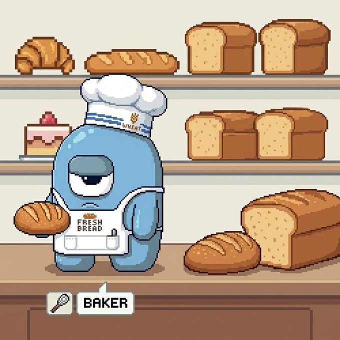 The image features a blue cartoon character, possibly a baker or chef, standing behind a counter with bread displayed on shelves above him. The character has an expression of sadness as he holds up a loaf of bread. There are also other loaves of bread visible in the scene. In the bottom right corner of the image, there is a post that reads "Gm @Gloombles Art entryyyy".