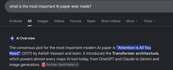 A Google search results page showing an AI-generated response to the query 'what is the most important AI paper ever made?', highlighting the answer as 'Attention Is All You Need' (2017).