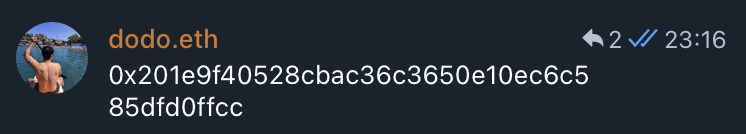 A chat interface shows a user named "dodo.eth" with a verified checkmark and wallet address "0x201e9f40528cbac36c3650e10ec6c585dfd0ffcc".