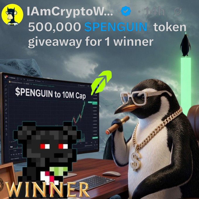 A social media post from IAmCryptoW... announcing a '500,000 $PENGUIN token giveaway for 1 winner,' showing a penguin in sunglasses and gold chain smoking a cigar, with 'WINNER' text and a chart reading '$PENGUIN to 10M Cap.'