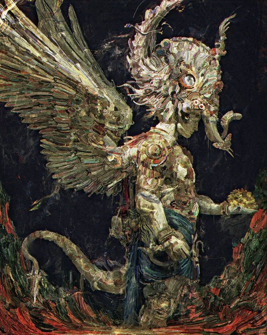 A dark, heavily textured painting of a mythical winged figure or creature with an ornate, mask-like headpiece, rendered in earthy tones with thick impasto brushstrokes.