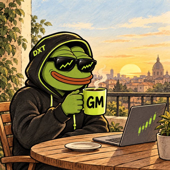 A cartoon Pepe frog wearing sunglasses and a "DXT" hoodie enjoys a steaming "GM" coffee while reviewing a green-bullish candlestick chart on a laptop, capturing the relaxed bullish crypto morning vibe the post conveys.