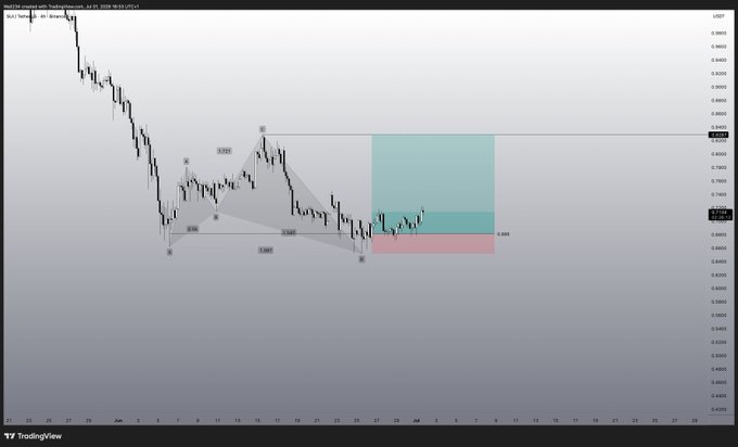 A TradingView chart of $SUI/USDT shows a bearish harmonic pattern with a potential long setup, featuring a shaded bullish zone (green) for an entry around 0.895 and a stop loss (red) below 0.886, suggesting a possible bullish reversal after a downward trend.