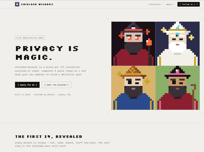 A webpage for 'SHIELDED WIZARDS' pixel-art NFT collection with the tagline 'PRIVACY IS MAGIC,' showing four colorful pixel-art wizard portraits on a cream background.