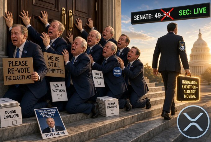 A satirical political illustration showing distressed figures in suits pleading outside doors with signs like 'PLEASE RE-VOTE' and 'WE'RE STILL COMMITTED,' while a figure walks away toward the Capitol with text 'SENATE: 49-51 SEC: LIVE' and 'INNOVATION EXEMPTION ALREADY MOVING.'