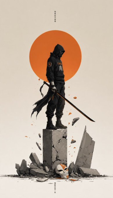 A stylized illustration shows a hooded samurai standing on a cracked pedestal holding a katana, silhouetted against a large orange sun.