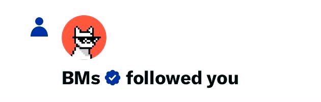 The image is a Twitter notification showing that "BMs" (a verified account with a pixelated character wearing sunglasses and devil horns) followed you. It relates to the post about actively seeking mutual followers in the crypto community, as gaining a new follower like BMs represents progress toward that goal of building engagement and growing a network of crypto-interested mutuals.