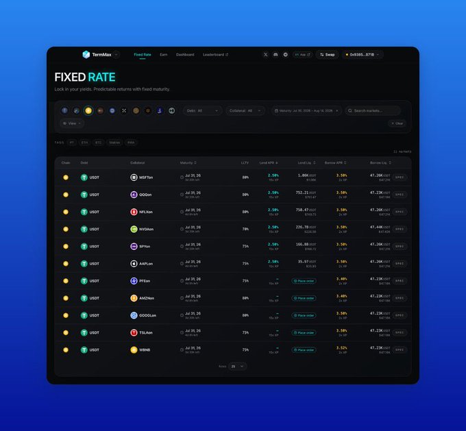 TermMax Fixed Rate dashboard interface showing various yield options including USDe, sUSDe, MEV, USDi, and others with their respective APYs and TVLs.