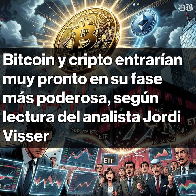 The image features a poster with a Bitcoin symbol, a Bitcoin coin, and an Ethereum symbol. The poster also includes text that translates to "Bitcoin y Crypto entreía mejorar su fase más poderosa, según lectora del análisista Jordi Visser". This suggests that the poster is promoting Bitcoin as a way to increase one's wealth and financial security. The image also includes a graphic of a stock market with people watching it, which could be related to the Bitcoin coin or Ethereum.